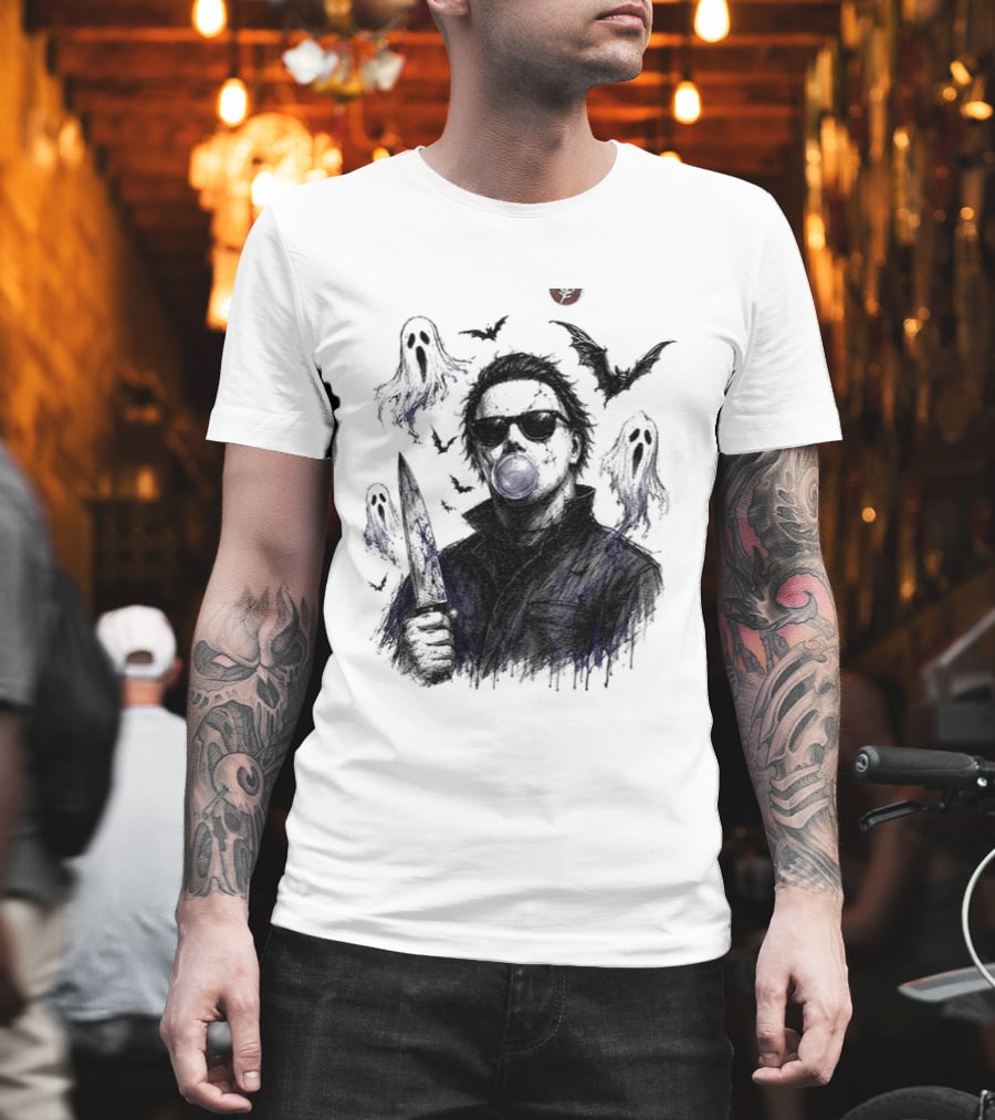 Michael Myers Bubble Gum Slasher Spooky Season Movie Ghosts And Bats T-Shirt