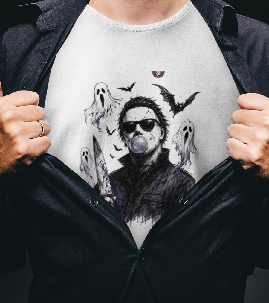 Michael Myers Bubble Gum Slasher Spooky Season Movie Ghosts And Bats T-Shirt