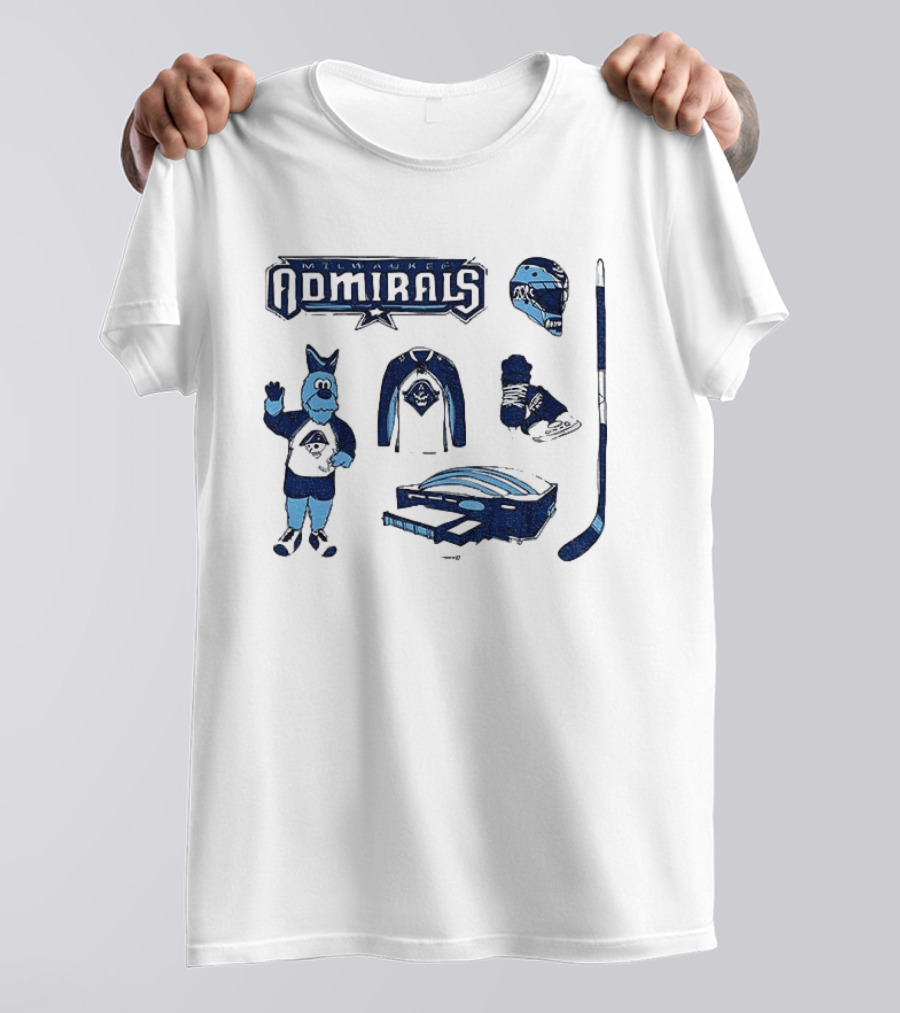 Milwaukee Admirals Hockey Mascot Jersey Helmet Skates Stick Goalie Equipment T-Shirt