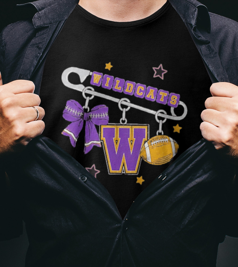 Wildcats Safety Pin Bow W Football Charm Distressed T-Shirt