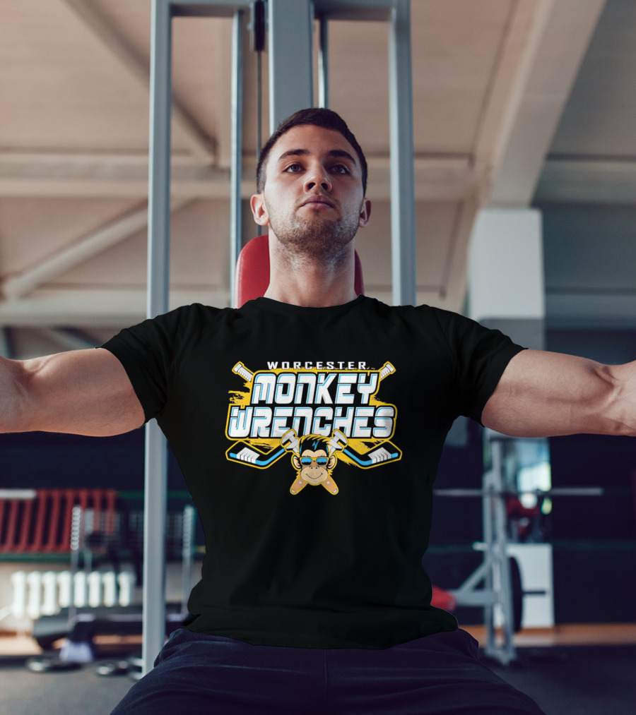 Worcester Monkey Wrenches Hockey Player Monkey With Crossed Wrenches And Hockey Sticks T-Shirt
