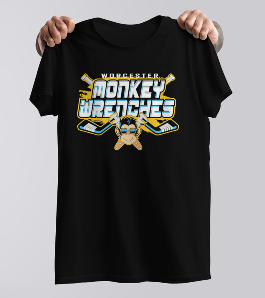 Worcester Monkey Wrenches Hockey Player Monkey With Crossed Wrenches And Hockey Sticks T-Shirt