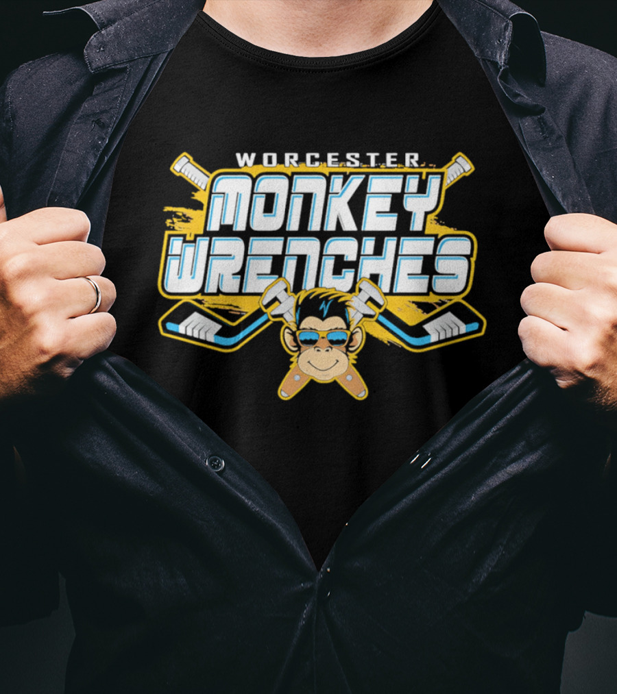 Worcester Monkey Wrenches Hockey Player Monkey With Crossed Wrenches And Hockey Sticks T-Shirt