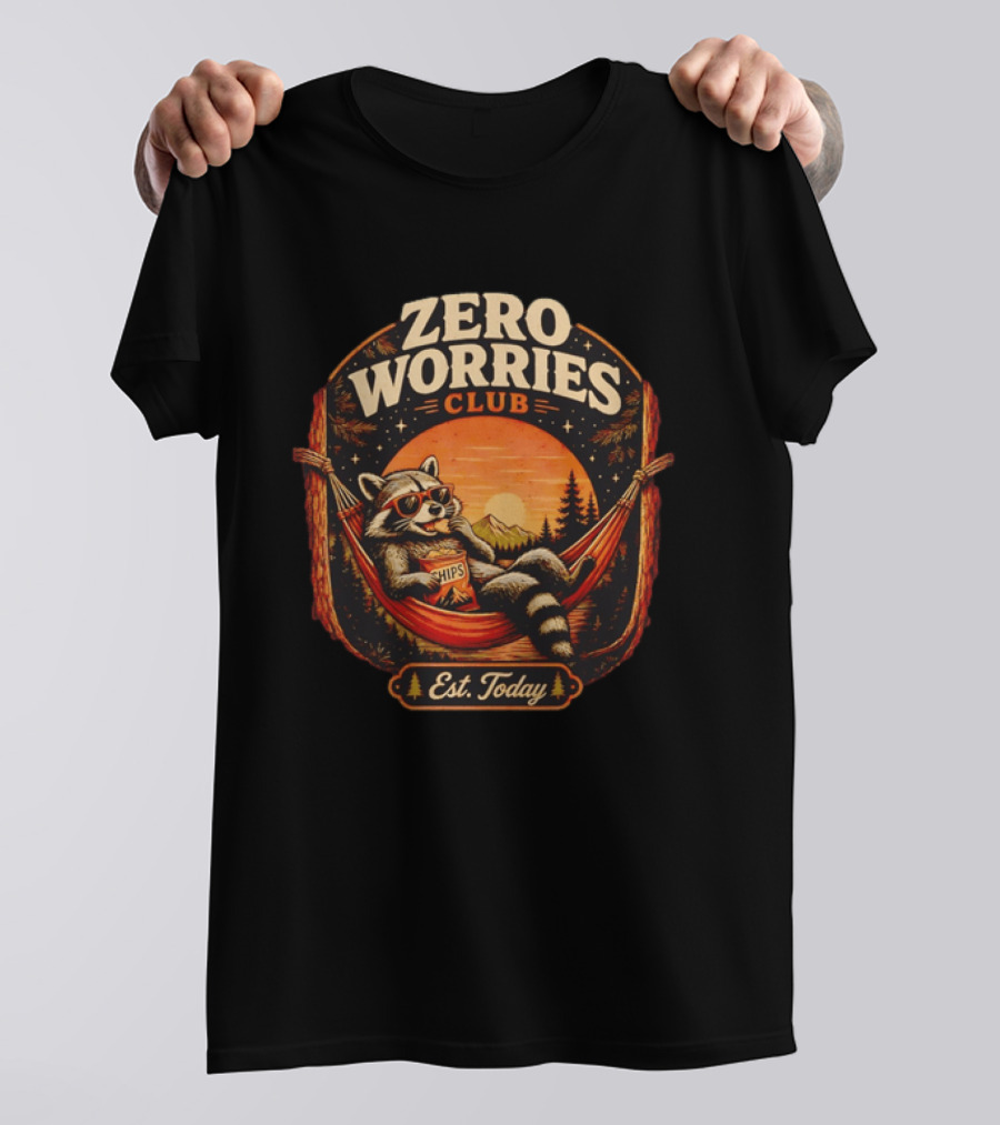 Zero Worries Club Raccoon Relaxing In Hammock Eating Chips At Sunset T-Shirt