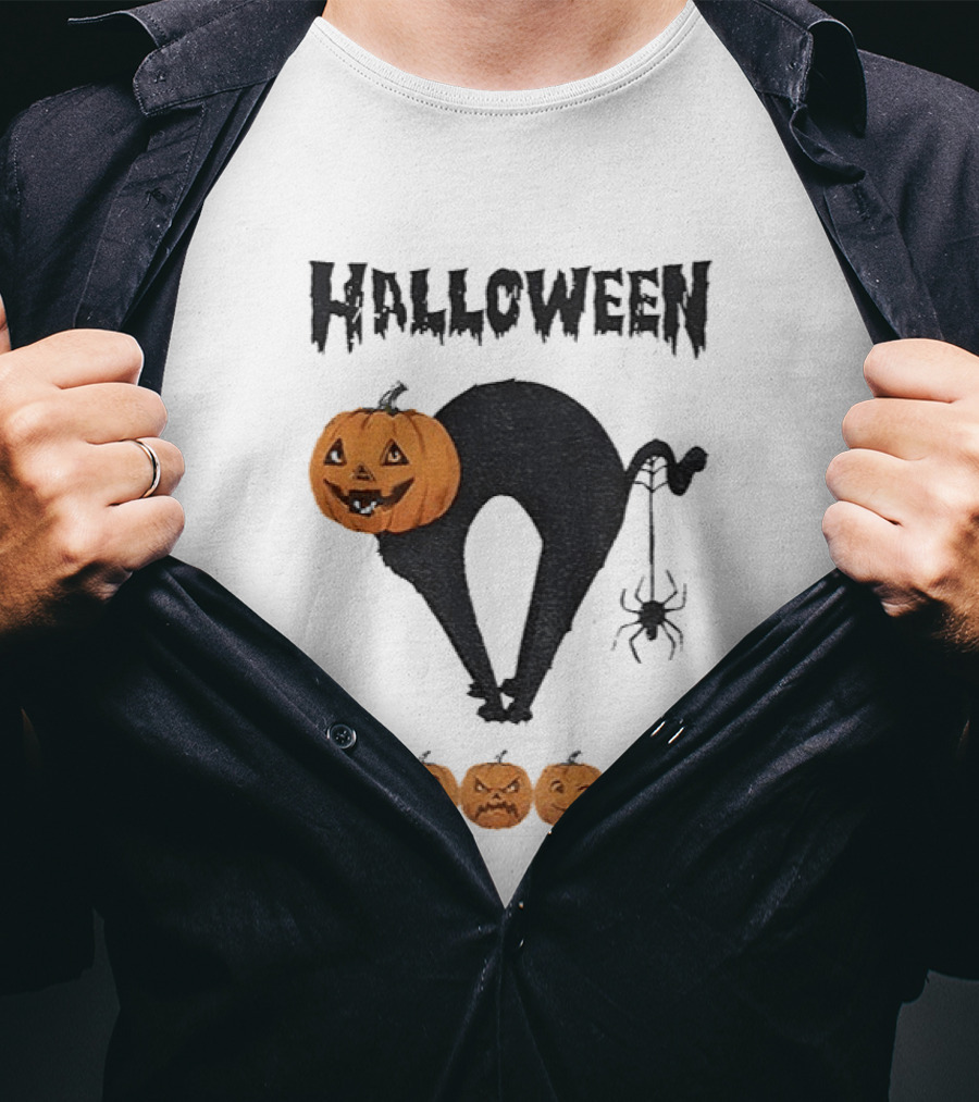 Halloween Pumpkin Cat Black Spider Five Jack O' Lanterns T-Shirt