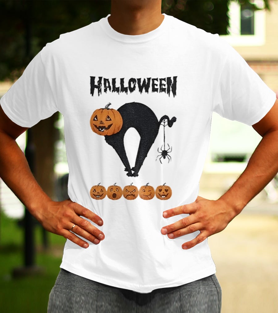 Halloween Pumpkin Cat Black Spider Five Jack O' Lanterns T-Shirt