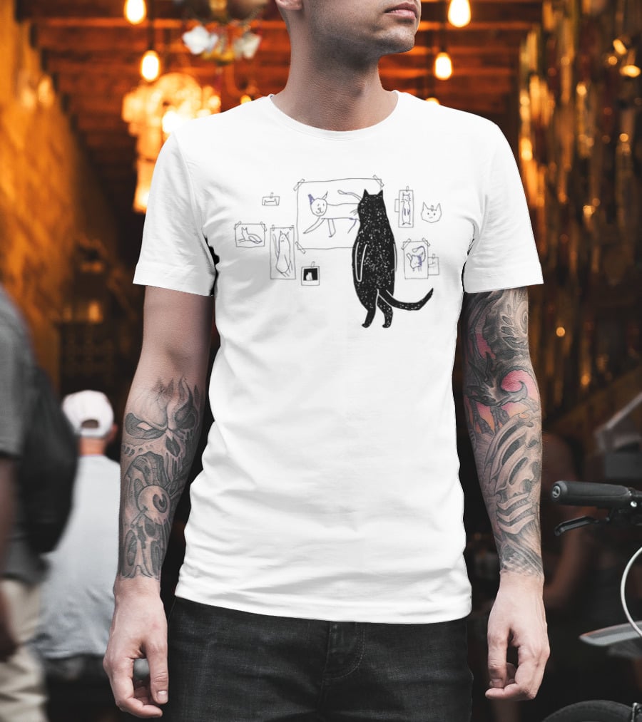 Black Cat Standing Looking At Sketches Line Drawing Wall Gallery T-Shirt