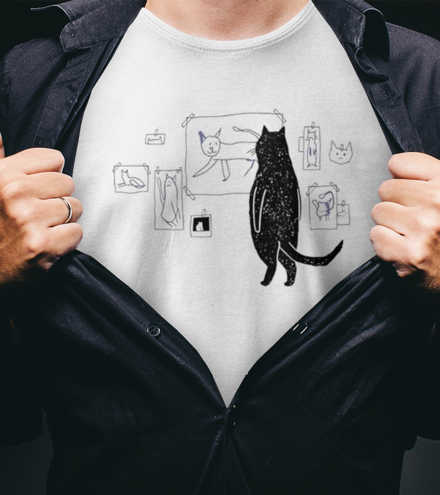 Black Cat Standing Looking At Sketches Line Drawing Wall Gallery T-Shirt
