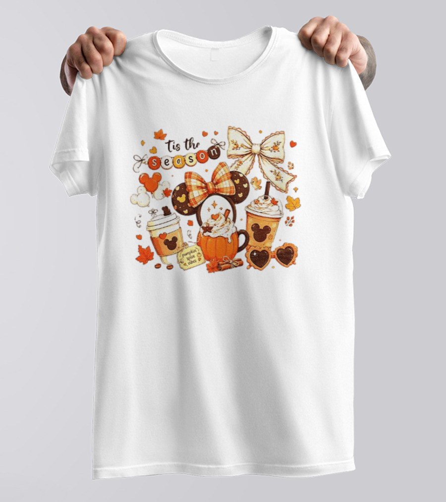 Tis The Season Disney Pumpkin Spice Autumn Coffee Ears And Bows T-Shirt