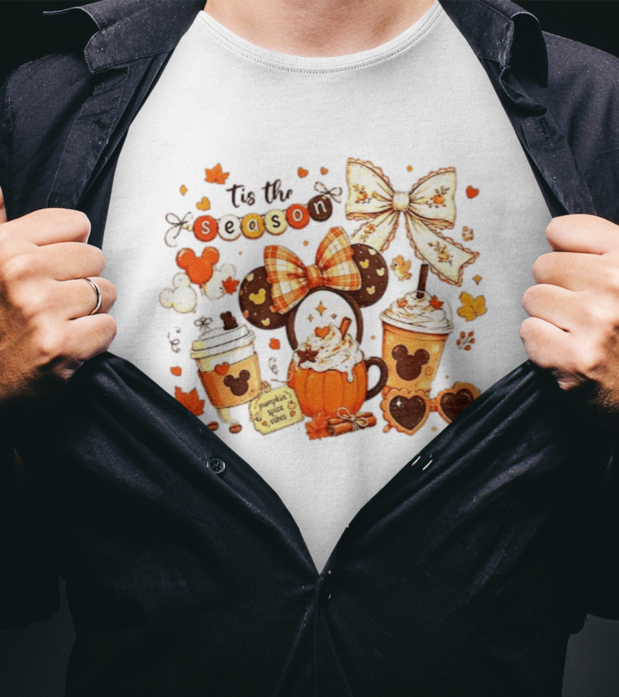 Tis The Season Disney Pumpkin Spice Autumn Coffee Ears And Bows T-Shirt