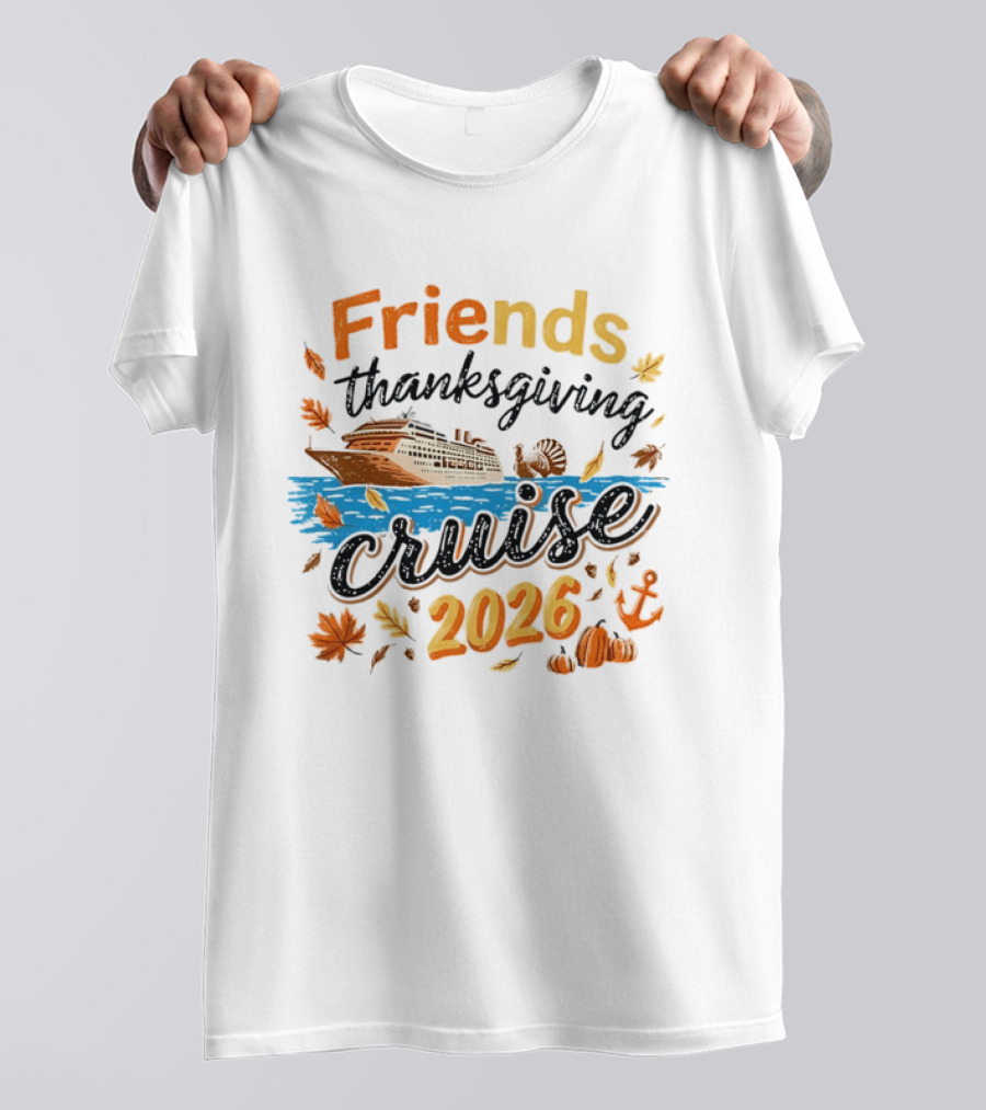 Friends Thanksgiving Cruise 2026 Ocean Liner Turkey Pumpkins Fall Leaves Anchor T-Shirt