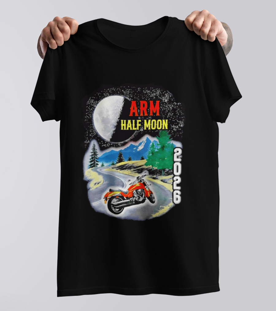 Arm Half Moon 2026 Orange Motorcycle Winding Mountain Road Night Sky T-Shirt