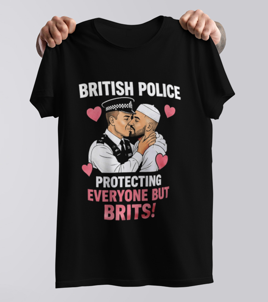 British Police Protecting Everyone But Brits Kissing Illustration With Hearts T-Shirt