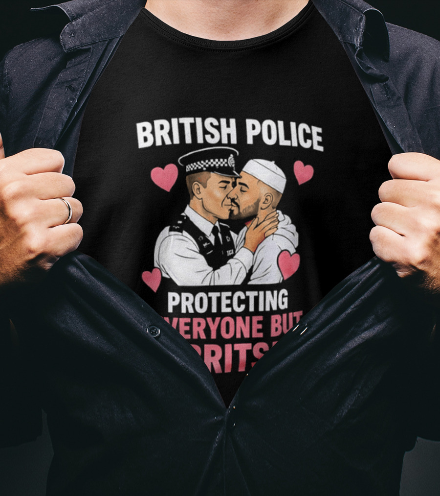 British Police Protecting Everyone But Brits Kissing Illustration With Hearts T-Shirt