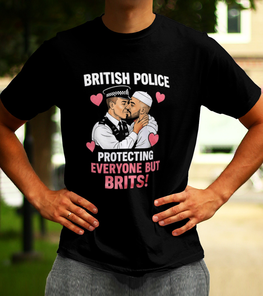 British Police Protecting Everyone But Brits Kissing Illustration With Hearts T-Shirt