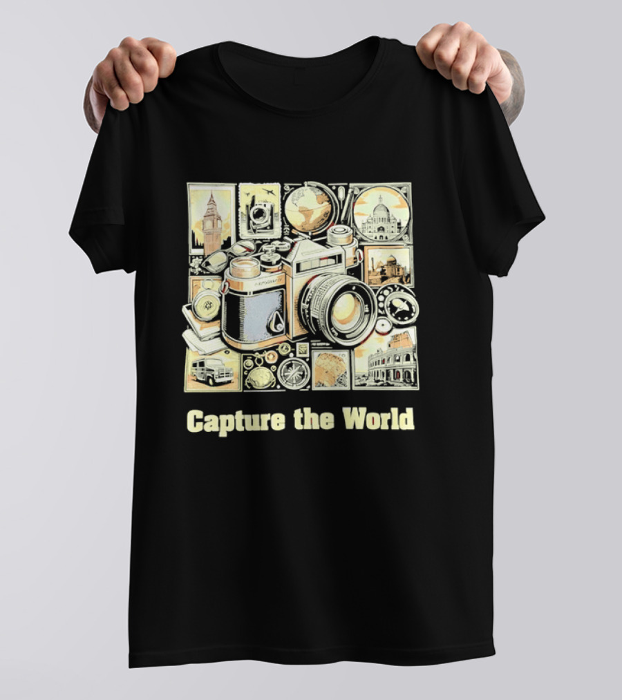 Capture The World Camera Globe Travel Landmarks Compass T-Shirt