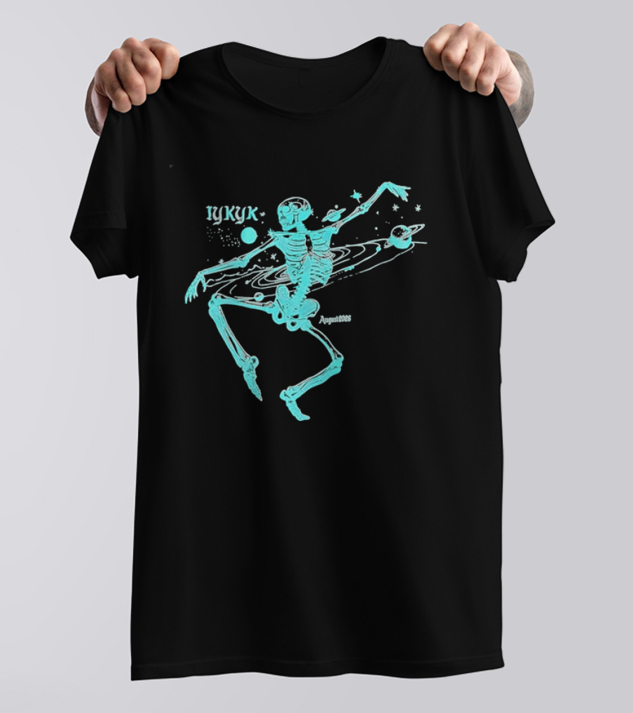 Iykyk August 2026 Cyan Dancing Skeleton With Space Orbit Sketch T-Shirt