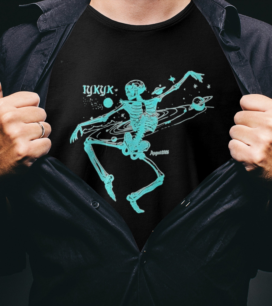 Iykyk August 2026 Cyan Dancing Skeleton With Space Orbit Sketch T-Shirt