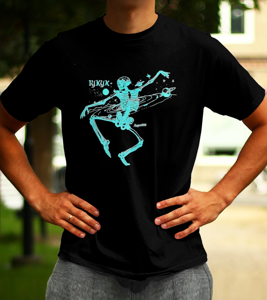 Iykyk August 2026 Cyan Dancing Skeleton With Space Orbit Sketch T-Shirt
