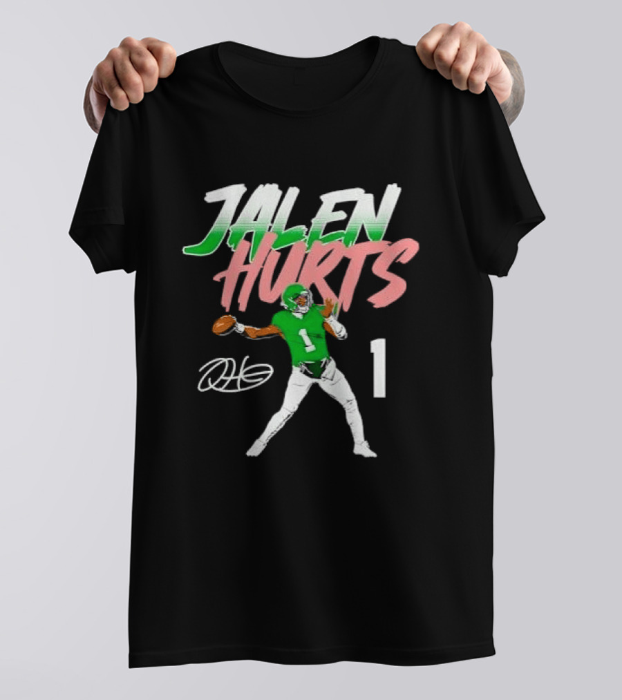 Jalen Hurts Quarterback Throwing Football Jersey Number 1 Signature Green T-Shirt