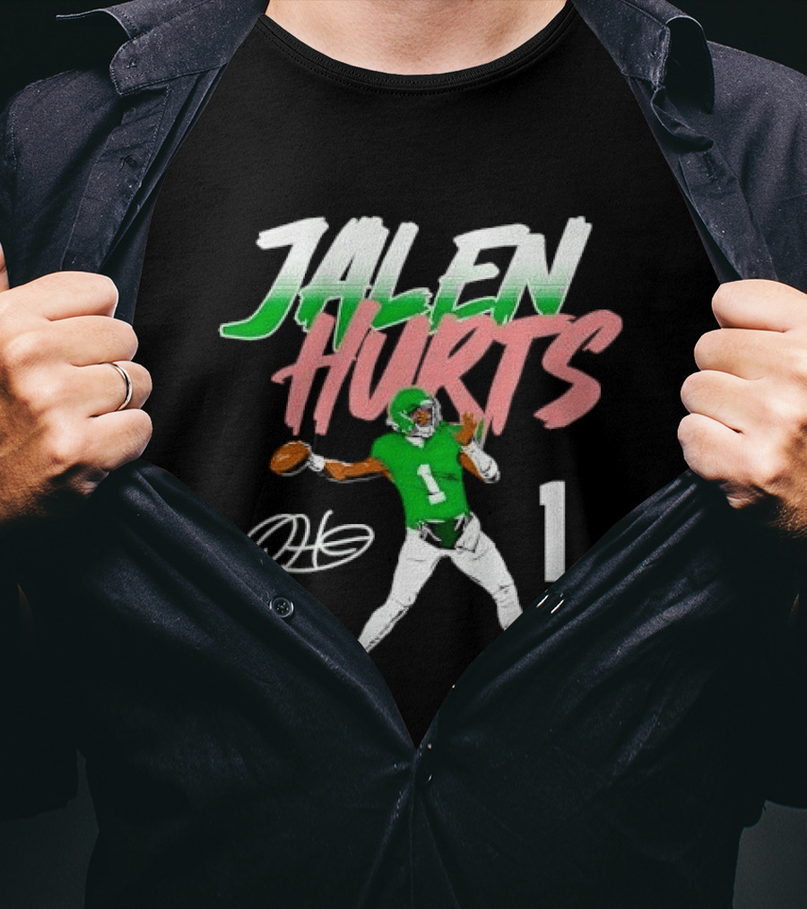 Jalen Hurts Quarterback Throwing Football Jersey Number 1 Signature Green T-Shirt