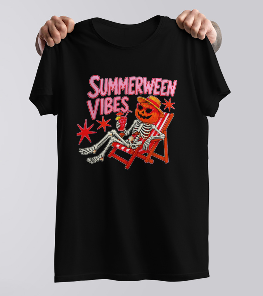 Summerween Vibes Skeleton Pumpkin Sunglasses Lounge Chair Drink T-Shirt