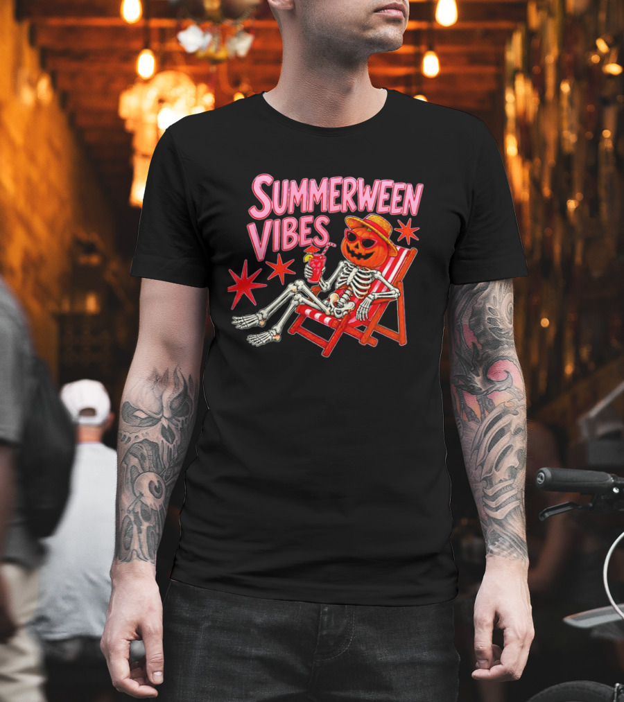 Summerween Vibes Skeleton Pumpkin Sunglasses Lounge Chair Drink T-Shirt