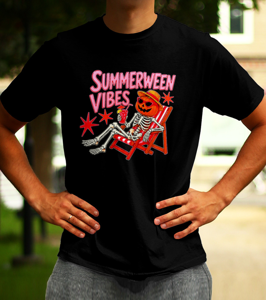 Summerween Vibes Skeleton Pumpkin Sunglasses Lounge Chair Drink T-Shirt