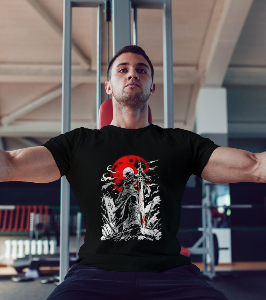 Dark Fantasy Warrior Bloody Sword Red Moon Battlefield Epic Scene T-Shirt