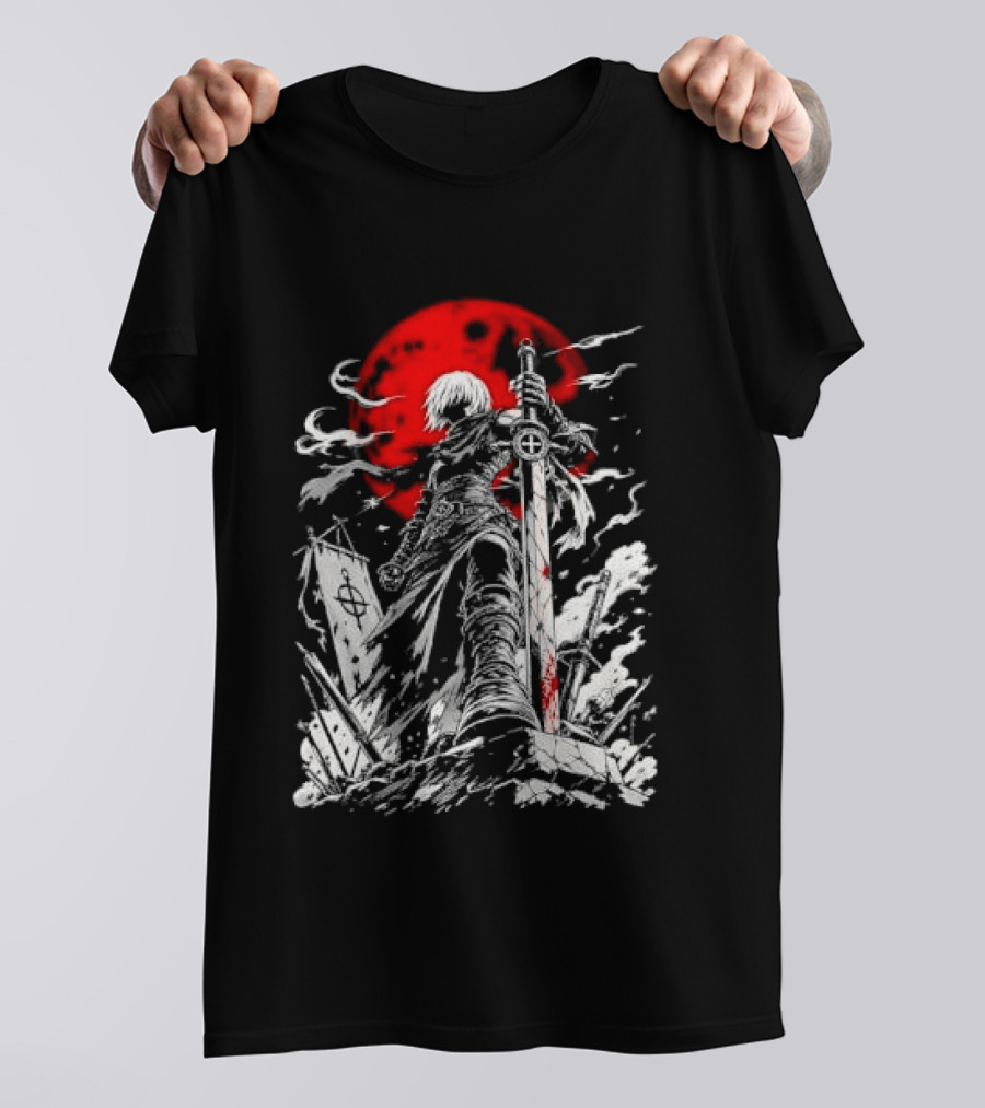 Dark Fantasy Warrior Bloody Sword Red Moon Battlefield Epic Scene T-Shirt