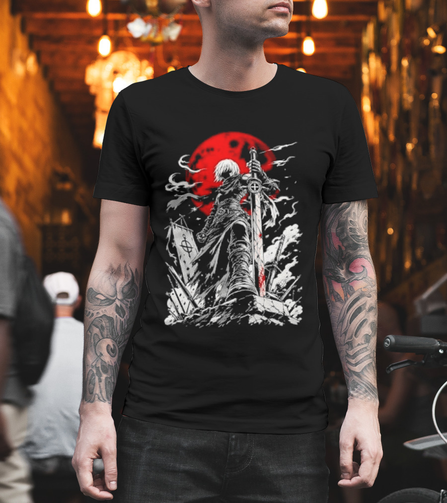 Dark Fantasy Warrior Bloody Sword Red Moon Battlefield Epic Scene T-Shirt