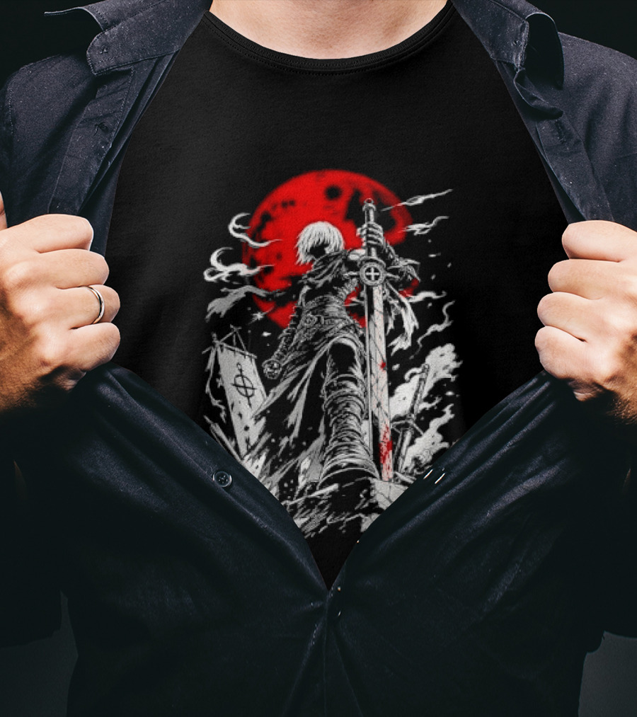Dark Fantasy Warrior Bloody Sword Red Moon Battlefield Epic Scene T-Shirt