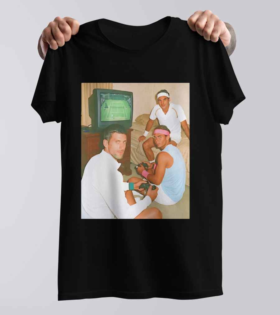 Novak Djokovic Rafael Nadal Roger Federer Playing Tennis Video Game T-Shirt