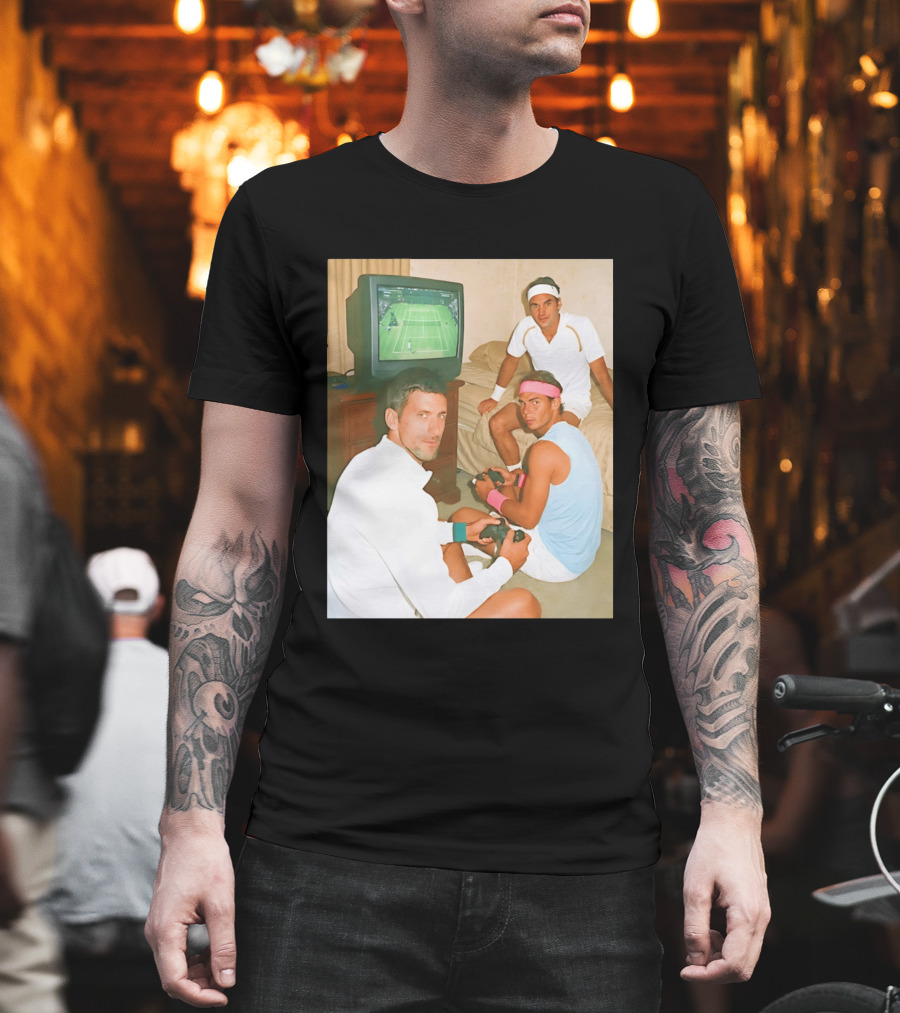Novak Djokovic Rafael Nadal Roger Federer Playing Tennis Video Game T-Shirt