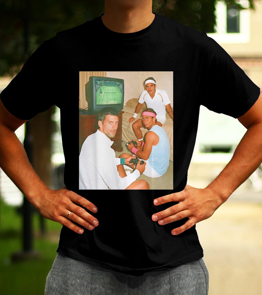 Novak Djokovic Rafael Nadal Roger Federer Playing Tennis Video Game T-Shirt