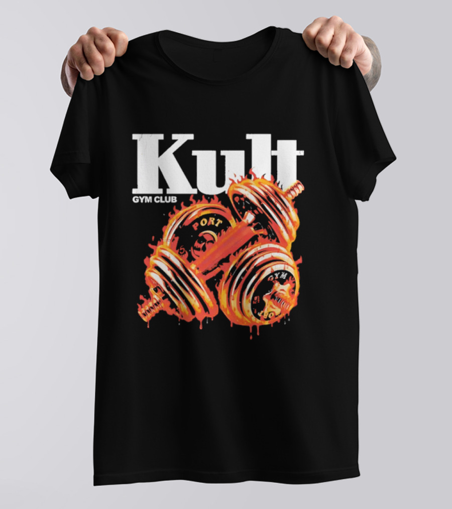 Kult Gym Club Sport Fiery Dumbbells Dripping Lava Distressed T-Shirt