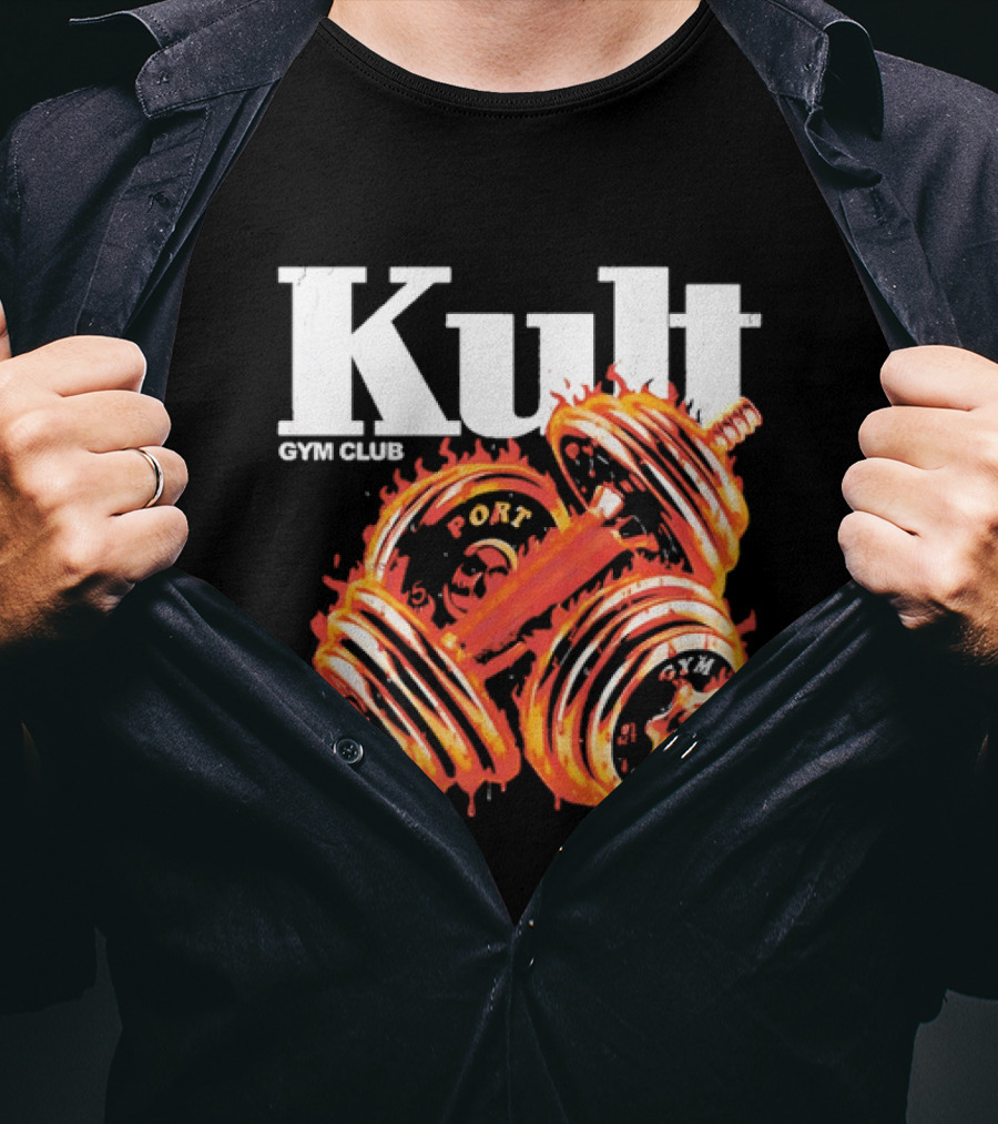 Kult Gym Club Sport Fiery Dumbbells Dripping Lava Distressed T-Shirt