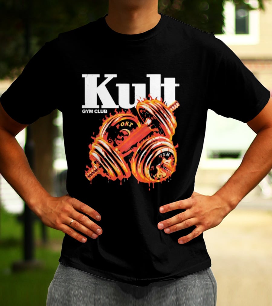 Kult Gym Club Sport Fiery Dumbbells Dripping Lava Distressed T-Shirt