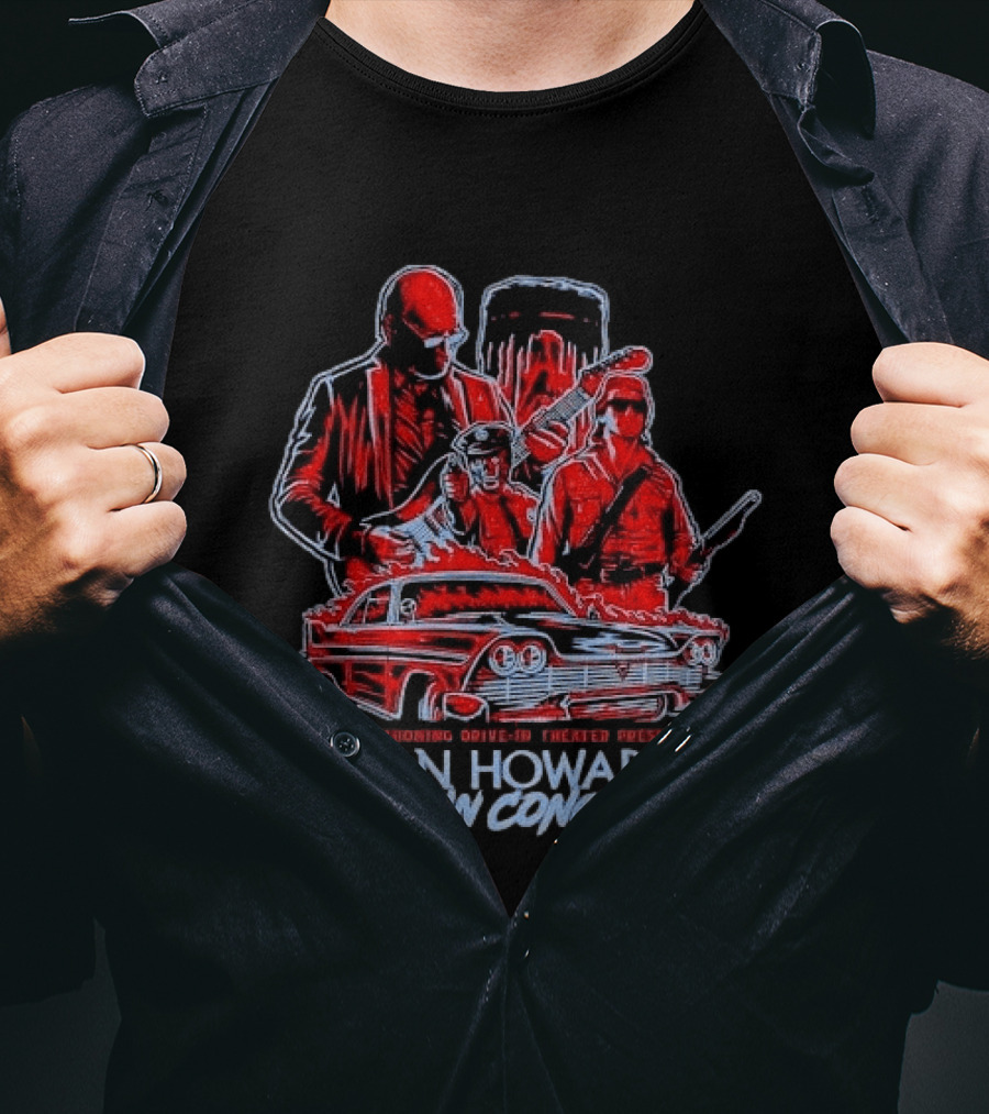 The Mahoning Drive In Theater Presents Alan Howarth Live Concert Horror Characters Flaming Car T-Shirt