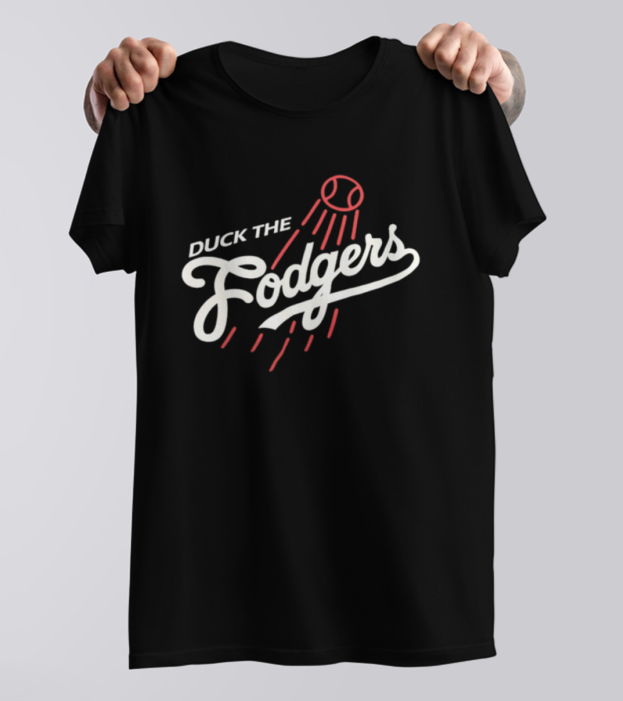 Duck The Fodgers White Script Flying Baseball Red Motion Lines T-Shirt