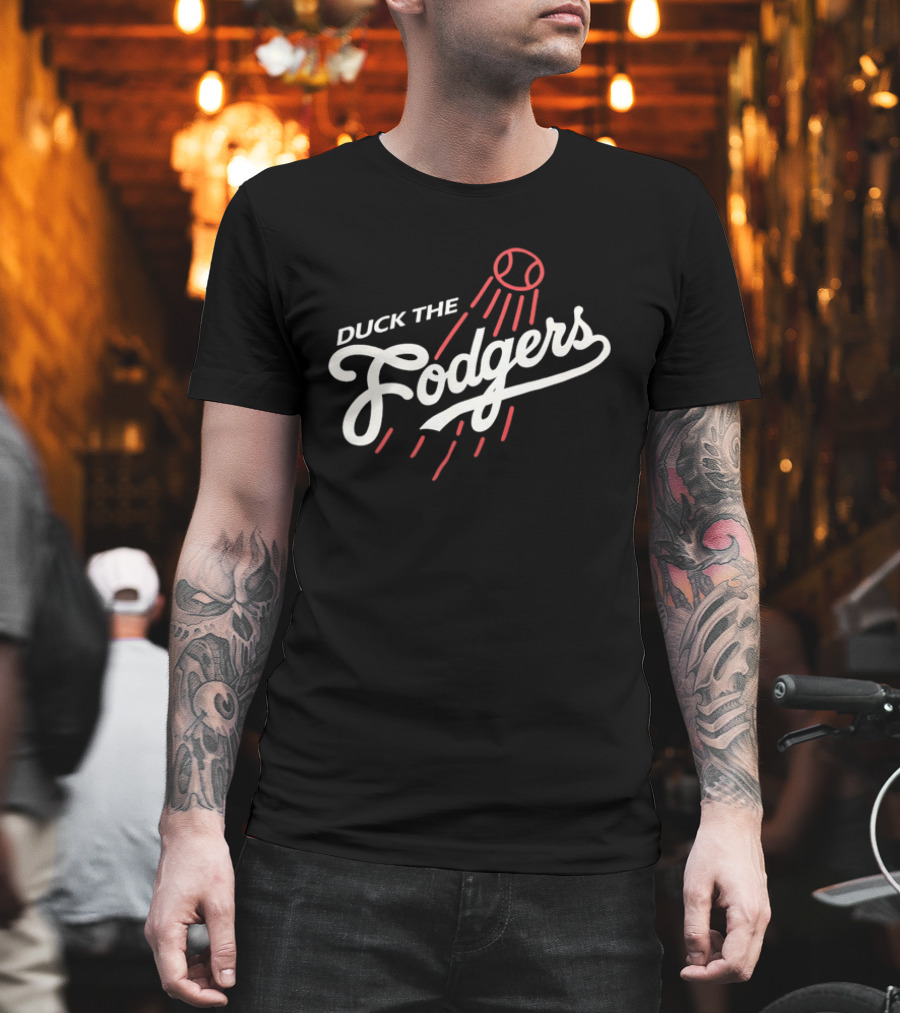 Duck The Fodgers White Script Flying Baseball Red Motion Lines T-Shirt