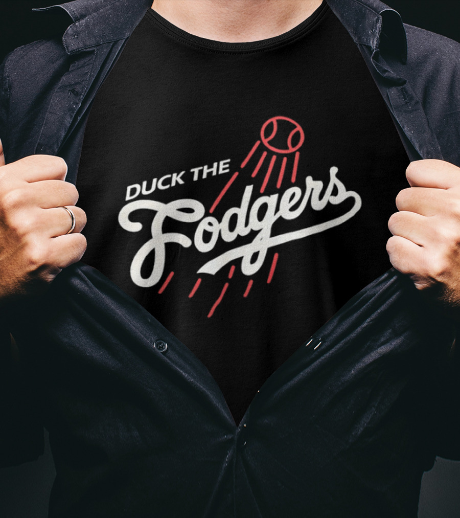 Duck The Fodgers White Script Flying Baseball Red Motion Lines T-Shirt