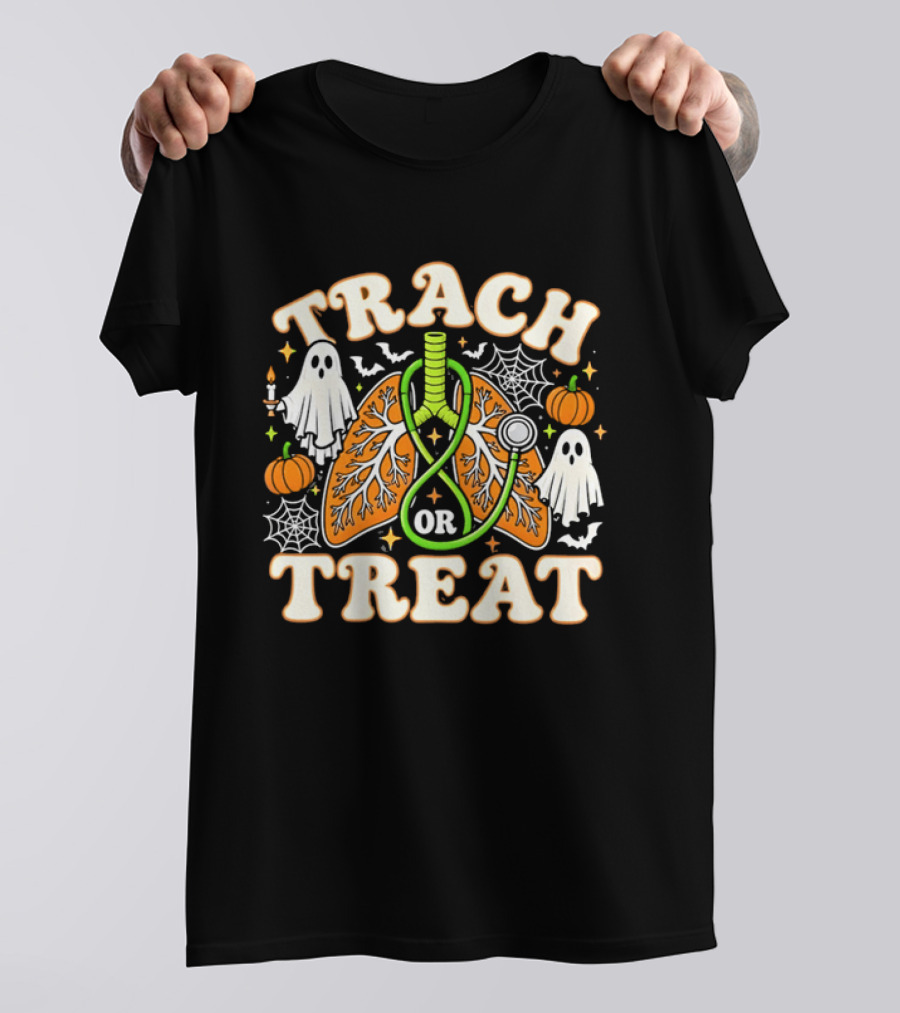 Trach Or Treat Lungs Stethoscope Ghosts Pumpkins Spider Webs Halloween Cartoon T-Shirt