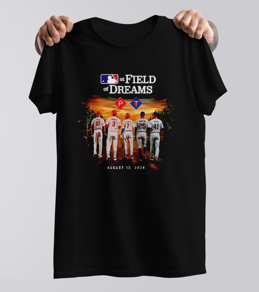 MLB At Field Of Dreams August 13 2026 Philadelphia Minnesota Players Walking Into Cornfield T-Shirt