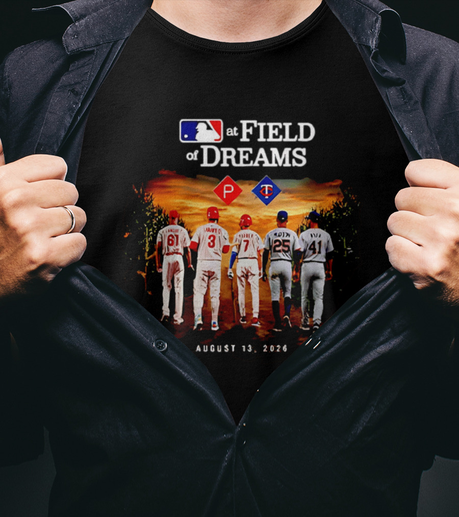 MLB At Field Of Dreams August 13 2026 Philadelphia Minnesota Players Walking Into Cornfield T-Shirt