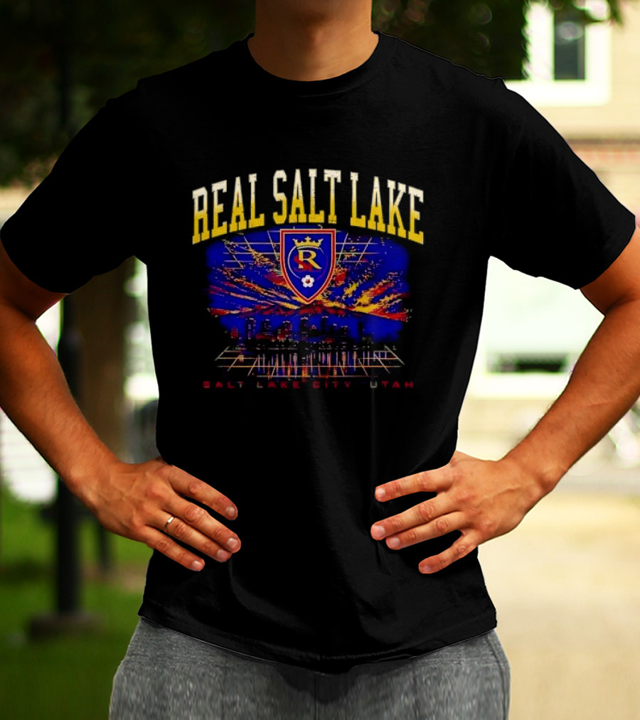 Real Salt Lake City Utah Skyline Crest Sunset Grid Distressed T-Shirt