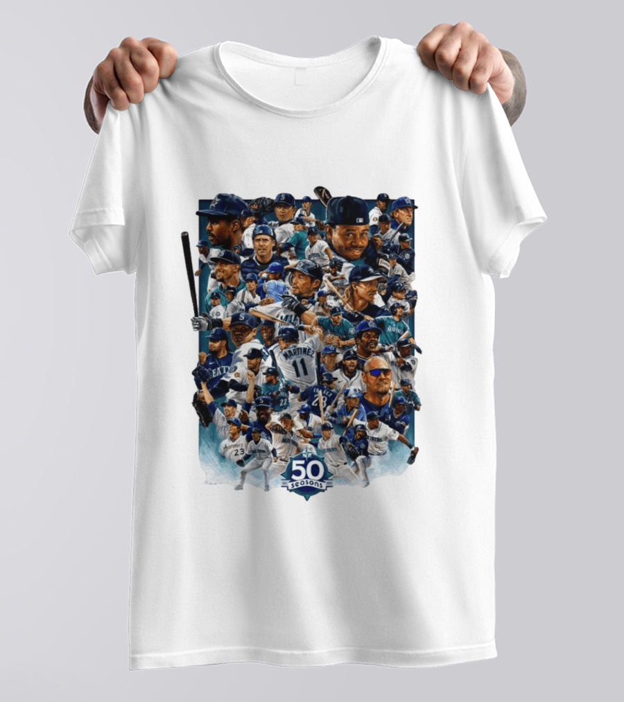Seattle Mariners 50 Seasons Collage MLB Players Legends And Moments T-Shirt