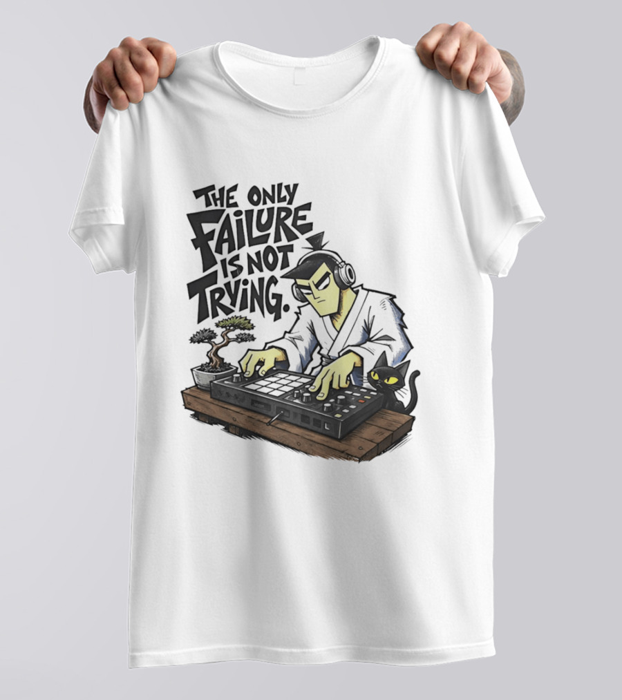 The Only Failure Is Not Trying Samurai DJ With Cat And Bonsai T-Shirt