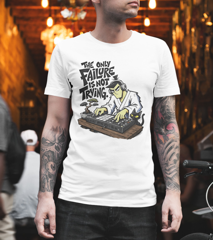 The Only Failure Is Not Trying Samurai DJ With Cat And Bonsai T-Shirt