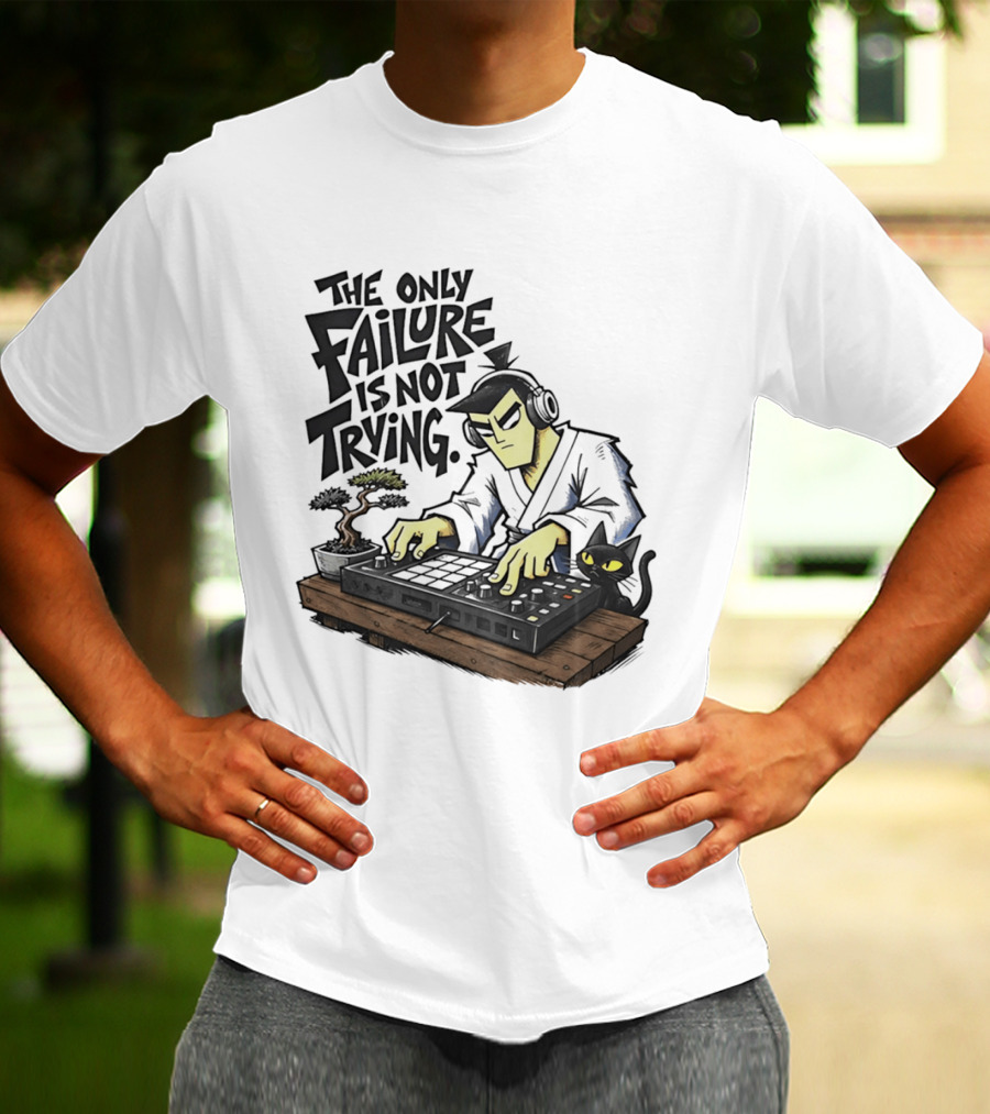 The Only Failure Is Not Trying Samurai DJ With Cat And Bonsai T-Shirt
